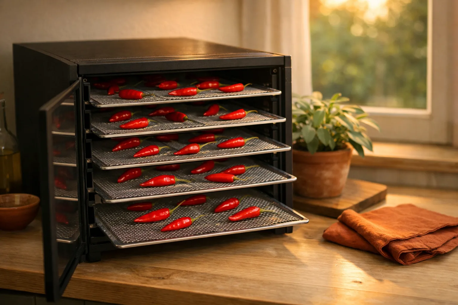 Röda chilifrukter på brickor i en torkugn.